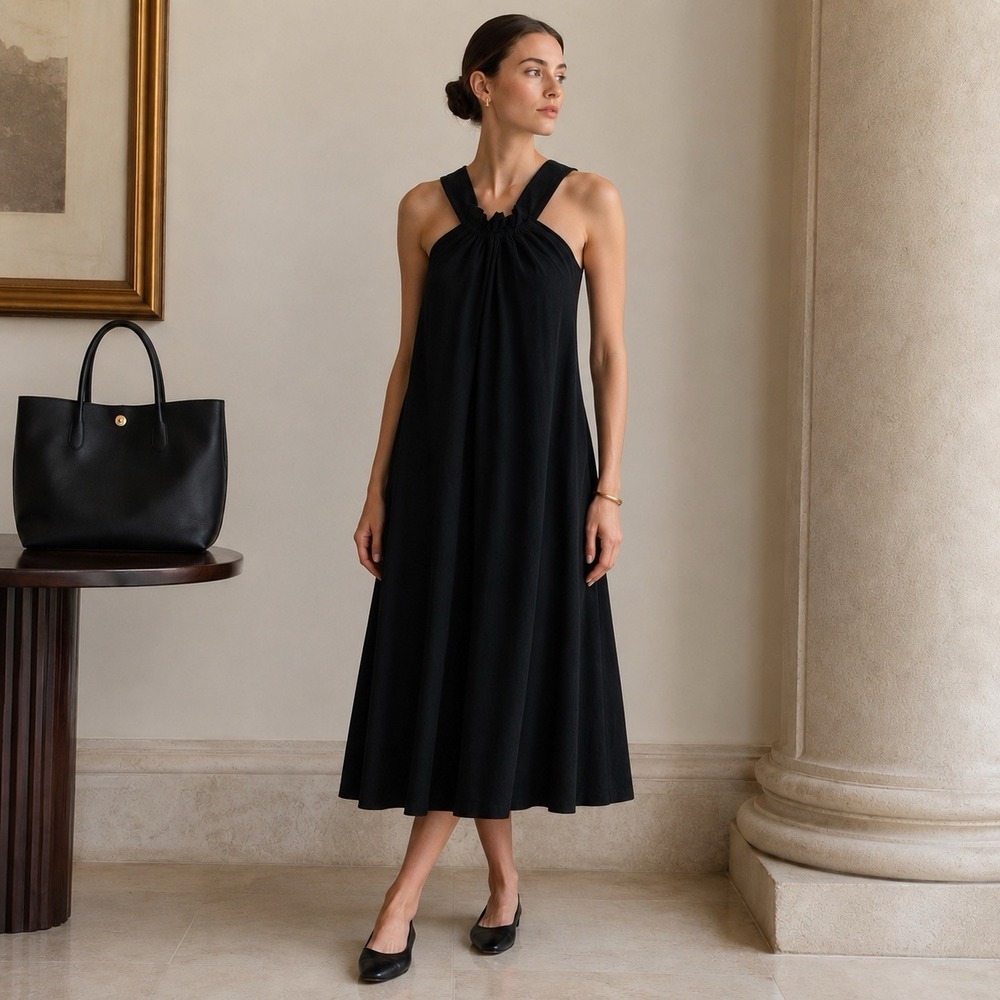 Black Linen Midi Trapeze Dress Banana Republic Size M Quiet Luxury Lagenlook